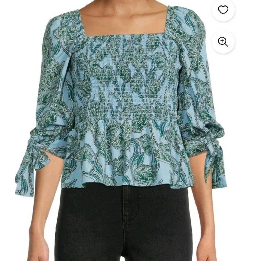Time and Tru Women's Puff Sleeve Turquoise Leaves Plaid Top Size XXL NWT
